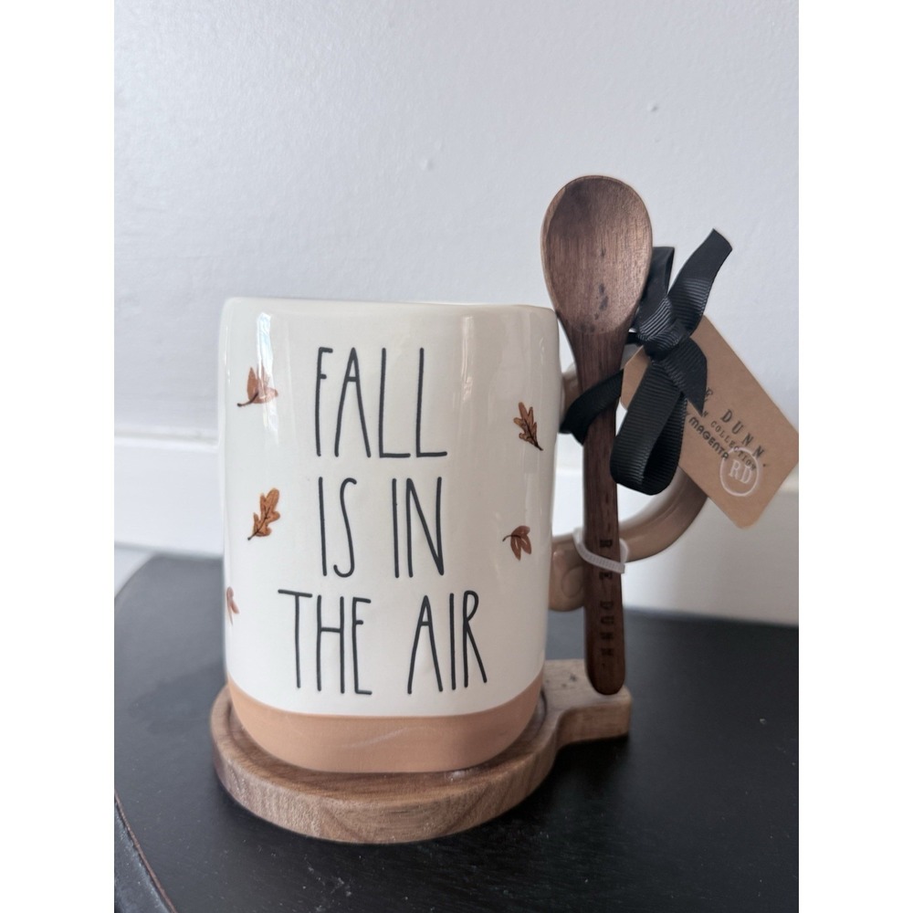 Rae Dunn Fall Is In The Air Mug With Wooden Spoon and Coaster Set NWT